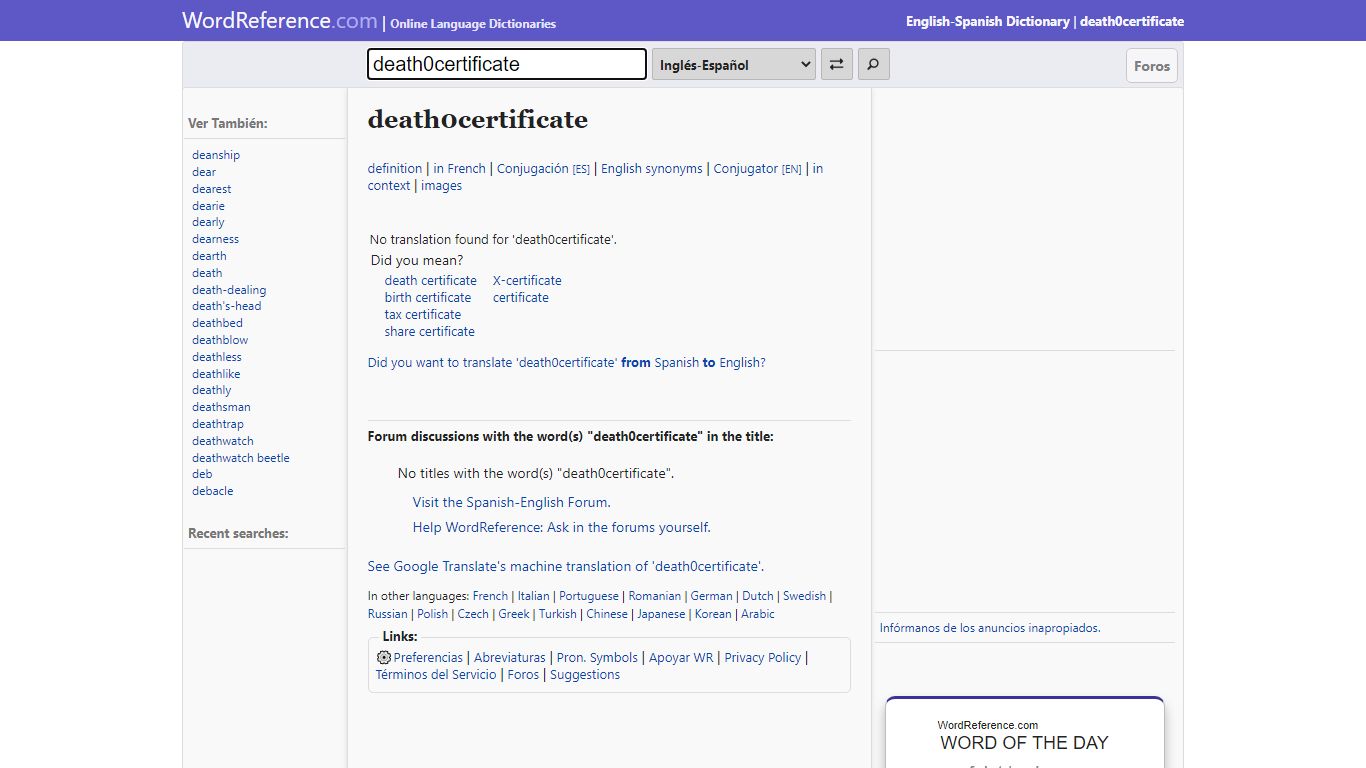 death certificate - English-Spanish Dictionary - WordReference.com